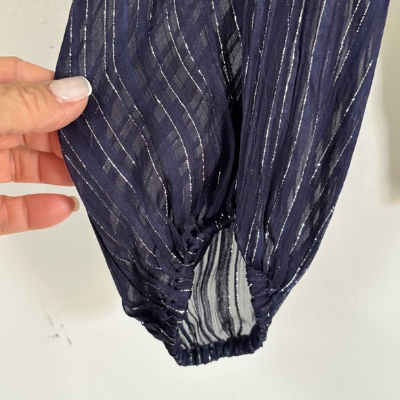 ANTHROPOLOGIE SEEN WORN KEPT Women’s Navy Blue Metallic Stripe Button Up Top 2 - Picture 4 of 12